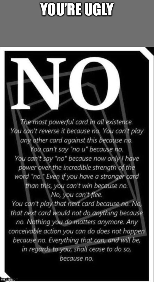 No card | YOU’RE UGLY | image tagged in no card | made w/ Imgflip meme maker