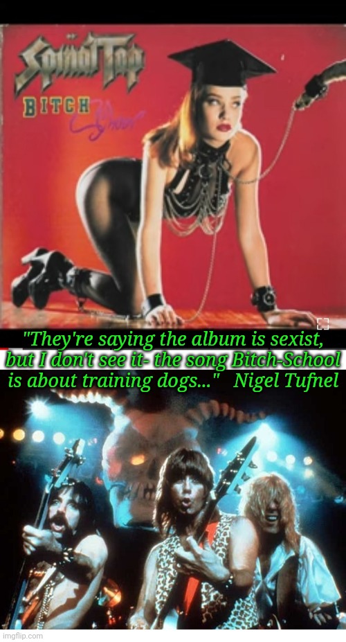 Tap not Sexist | "They're saying the album is sexist, but I don't see it- the song Bitch-School is about training dogs..."   Nigel Tufnel | image tagged in heavy metal,rock and roll,spinal tap | made w/ Imgflip meme maker