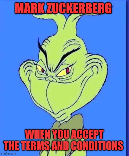 Mark | MARK ZUCKERBERG; WHEN YOU ACCEPT THE TERMS AND CONDITIONS | image tagged in good grinch,lol,wii u,fb police | made w/ Imgflip meme maker