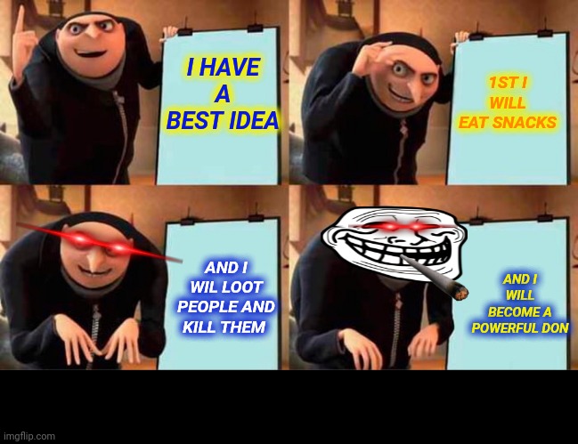 Dhrumil gada | I HAVE A BEST IDEA; 1ST I WILL EAT SNACKS; AND I WILL BECOME A POWERFUL DON; AND I WIL LOOT PEOPLE AND KILL THEM | image tagged in memes,gru's plan | made w/ Imgflip meme maker