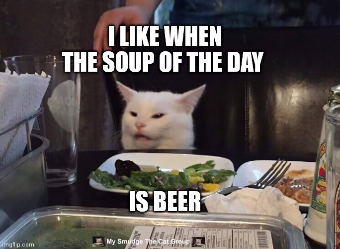 I LIKE WHEN THE SOUP OF THE DAY; IS BEER | image tagged in smudge the cat | made w/ Imgflip meme maker