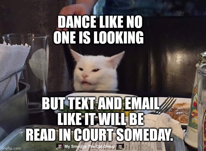 DANCE LIKE NO ONE IS LOOKING; BUT TEXT AND EMAIL LIKE IT WILL BE READ IN COURT SOMEDAY. | image tagged in smudge the cat | made w/ Imgflip meme maker