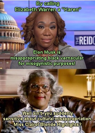 Joyless Joy Reid shows off her hypocritical blonde highlights | By calling Elizabeth Warren a "Karen"; Elon Musk is misappropriating black vernacular for misogynistic purposes! Well ain't  you suddenly sensitive about cultural misappropriation, Miss Clairol Blonde Highlights? | image tagged in joyless joy reid,hypocrite,joy reid,elon musk,cultural appropriation,madea | made w/ Imgflip meme maker