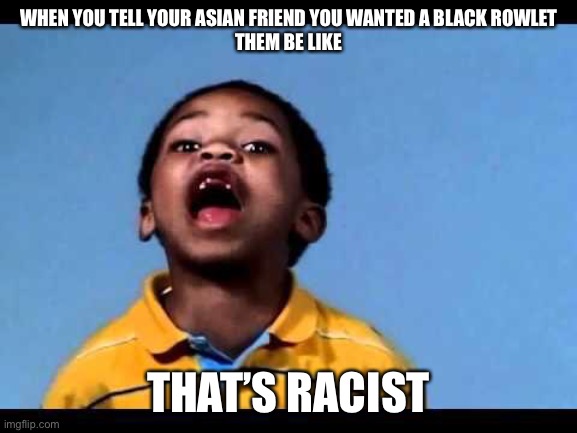 That's racist 2 | WHEN YOU TELL YOUR ASIAN FRIEND YOU WANTED A BLACK ROWLET
THEM BE LIKE; THAT’S RACIST | image tagged in that's racist 2 | made w/ Imgflip meme maker