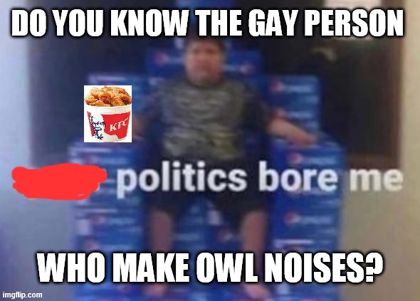 everyone know this | DO YOU KNOW THE GAY PERSON; WHO MAKE OWL NOISES? | image tagged in politics bore me kfc edition | made w/ Imgflip meme maker