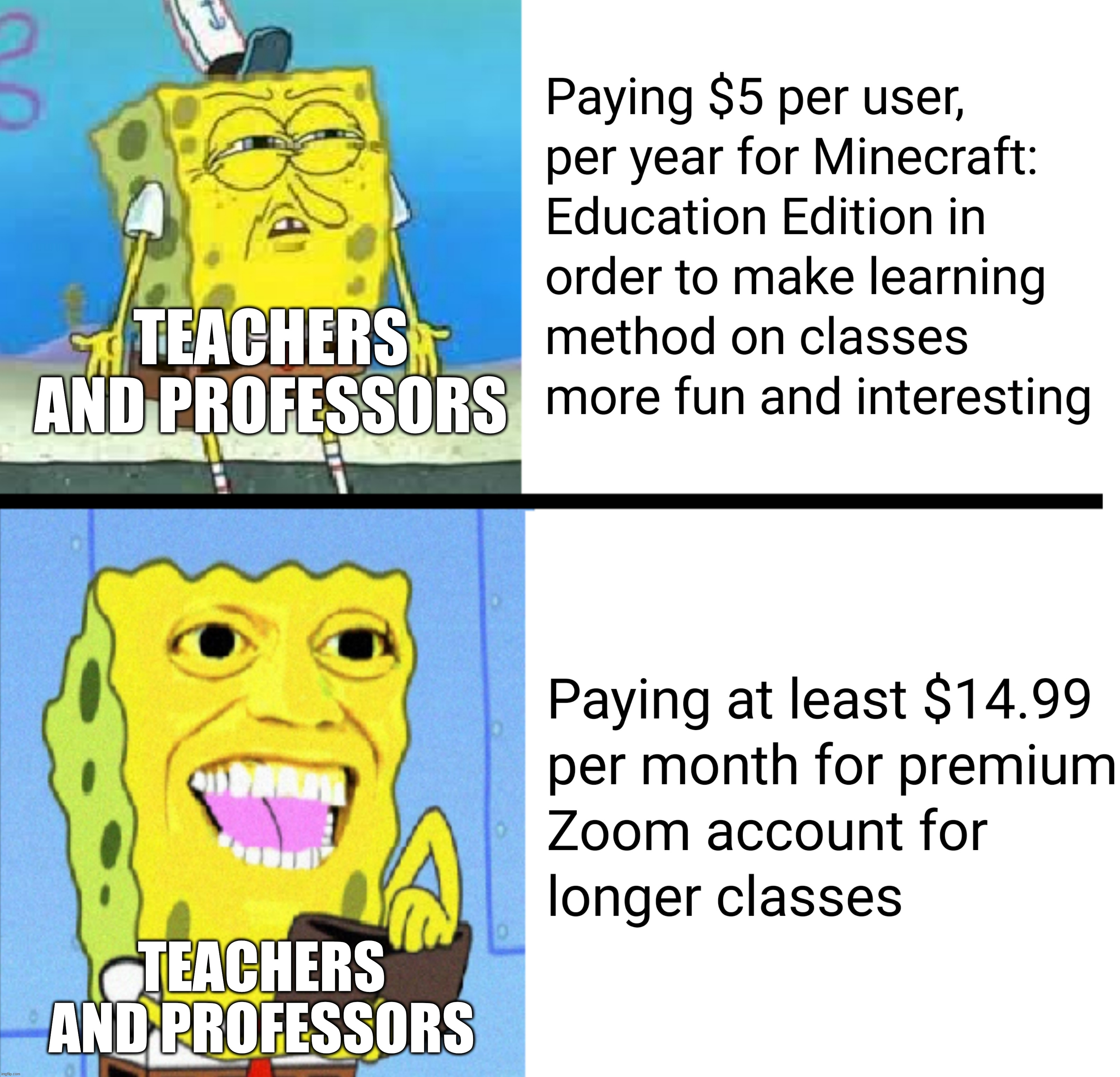 Anyone else found this mildly infuriating? No wonder students can get really bored. | TEACHERS AND PROFESSORS; TEACHERS AND PROFESSORS | image tagged in spongebob,zoom,pay,minecraft,education,learning | made w/ Imgflip meme maker