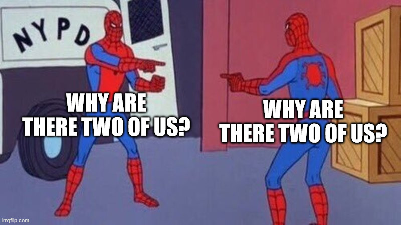 spiderman pointing at spiderman | WHY ARE THERE TWO OF US? WHY ARE THERE TWO OF US? | image tagged in spiderman pointing at spiderman | made w/ Imgflip meme maker