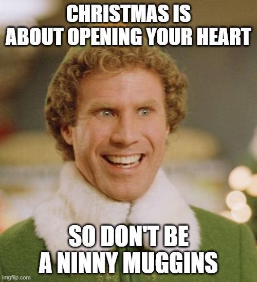 Ninny Muggins |  CHRISTMAS IS ABOUT OPENING YOUR HEART; SO DON'T BE A NINNY MUGGINS | image tagged in memes,buddy the elf | made w/ Imgflip meme maker