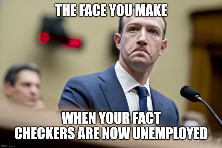 Factual Opinion | THE FACE YOU MAKE; WHEN YOUR FACT CHECKERS ARE NOW UNEMPLOYED | image tagged in fact check,facebook,mark zuckerberg | made w/ Imgflip meme maker