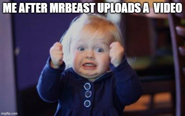yayy mrbeast | ME AFTER MRBEAST UPLOADS A  VIDEO | image tagged in excited kid | made w/ Imgflip meme maker
