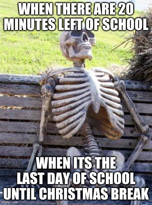 When you're in school | WHEN THERE ARE 20 MINUTES LEFT OF SCHOOL; WHEN ITS THE LAST DAY OF SCHOOL UNTIL CHRISTMAS BREAK | image tagged in memes,waiting skeleton | made w/ Imgflip meme maker