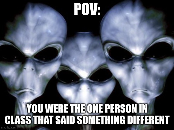 Angry aliens | POV:; YOU WERE THE ONE PERSON IN CLASS THAT SAID SOMETHING DIFFERENT | image tagged in angry aliens | made w/ Imgflip meme maker