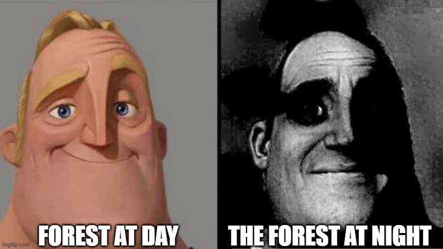 Traumatized Mr. Incredible | FOREST AT DAY; THE FOREST AT NIGHT | image tagged in traumatized mr incredible | made w/ Imgflip meme maker