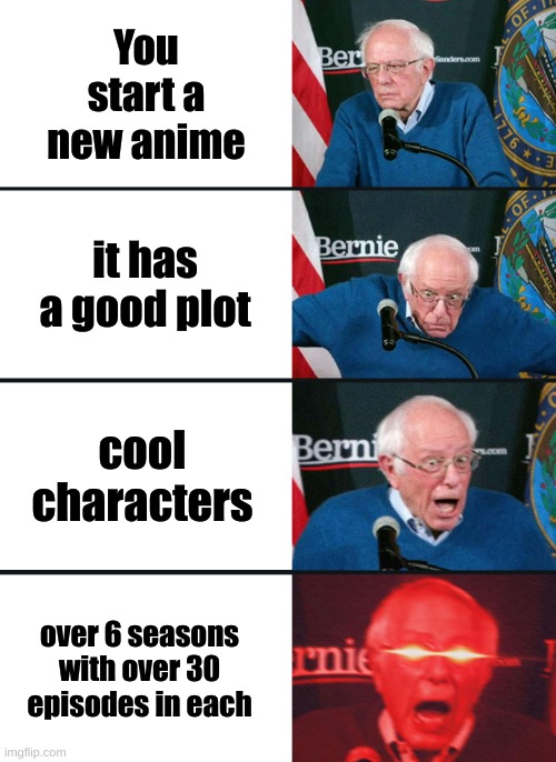 Bernie Sanders reaction (nuked) | You start a new anime; it has a good plot; cool characters; over 6 seasons with over 30 episodes in each | image tagged in bernie sanders reaction nuked | made w/ Imgflip meme maker