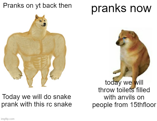 this is a joke | Pranks on yt back then; pranks now; today we will throw toilets filled with anvils on people from 15thfloor; Today we will do snake prank with this rc snake | image tagged in memes,buff doge vs cheems | made w/ Imgflip meme maker