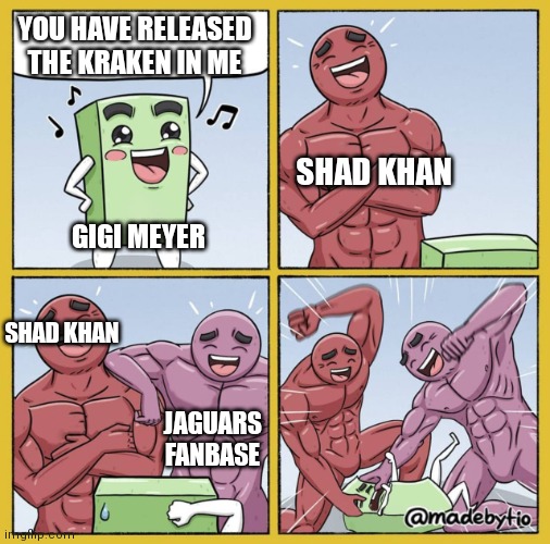 Guy getting beat up | YOU HAVE RELEASED THE KRAKEN IN ME; SHAD KHAN; GIGI MEYER; SHAD KHAN; JAGUARS FANBASE | image tagged in guy getting beat up | made w/ Imgflip meme maker