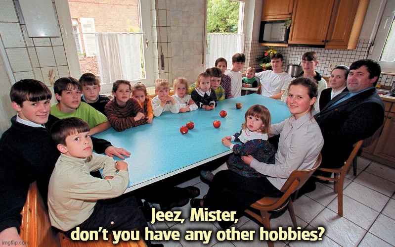 Betcha he can't remember their names. |  Jeez, Mister, 
don't you have any other hobbies? | image tagged in large,family,birth control | made w/ Imgflip meme maker