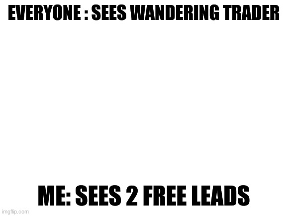Wandering Traders | EVERYONE : SEES WANDERING TRADER; ME: SEES 2 FREE LEADS | image tagged in blank white template | made w/ Imgflip meme maker