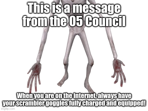 Be carefull!(mod note: kinda sus ngl) | This is a message from the 05 Council; When you are on the internet, always have your scrambler goggles fully charged and equipped! | made w/ Imgflip meme maker