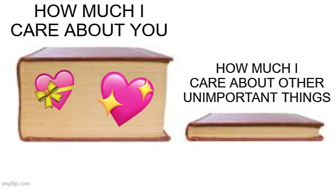 ah yes...chapter 1 | HOW MUCH I CARE ABOUT YOU; HOW MUCH I CARE ABOUT OTHER UNIMPORTANT THINGS | image tagged in big book small book,wholesome | made w/ Imgflip meme maker