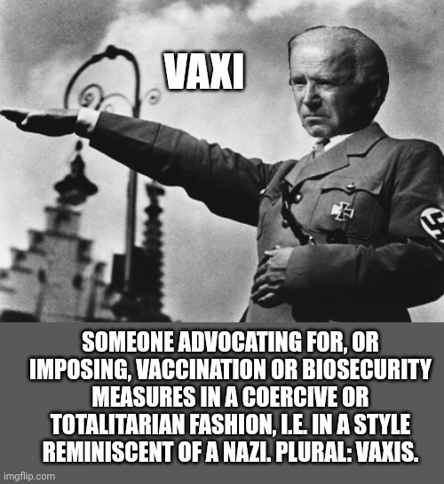 VAXI; SOMEONE ADVOCATING FOR, OR IMPOSING, VACCINATION OR BIOSECURITY MEASURES IN A COERCIVE OR TOTALITARIAN FASHION, I.E. IN A STYLE REMINISCENT OF A NAZI. PLURAL: VAXIS. | made w/ Imgflip meme maker