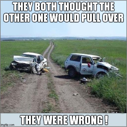 The Dangers Of Playing 'Chicken' ! | THEY BOTH THOUGHT THE OTHER ONE WOULD PULL OVER; THEY WERE WRONG ! | image tagged in fun,car accident,chicken | made w/ Imgflip meme maker