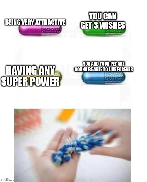 blank pills meme | YOU CAN GET 3 WISHES; BEING VERY ATTRACTIVE; YOU AND YOUR PET ARE GONNA BE ABLE TO LIVE FOREVER; HAVING ANY SUPER POWER | image tagged in blank pills meme | made w/ Imgflip meme maker