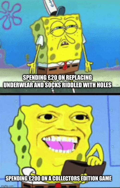 Spongebob money | SPENDING £20 ON REPLACING UNDERWEAR AND SOCKS RIDDLED WITH HOLES; SPENDING £200 ON A COLLECTORS EDITION GAME | image tagged in spongebob money | made w/ Imgflip meme maker