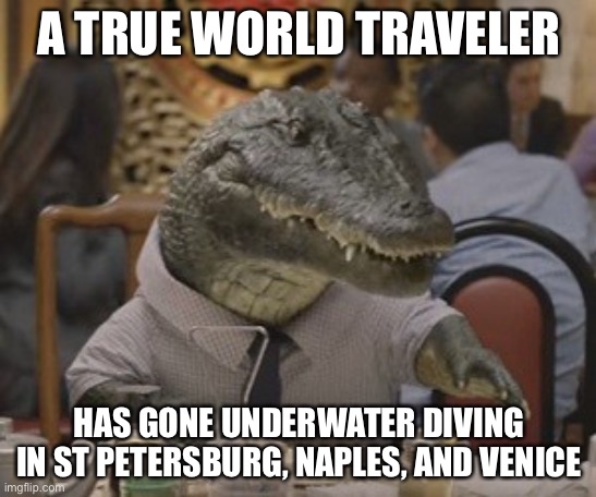 These are real Florida cities | A TRUE WORLD TRAVELER; HAS GONE UNDERWATER DIVING IN ST PETERSBURG, NAPLES, AND VENICE | image tagged in alligator arms | made w/ Imgflip meme maker