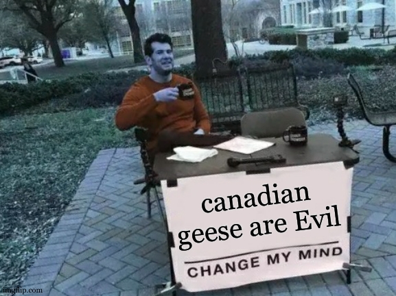 Lets hear your canadian goose stories | canadian geese are Evil | image tagged in memes,change my mind | made w/ Imgflip meme maker