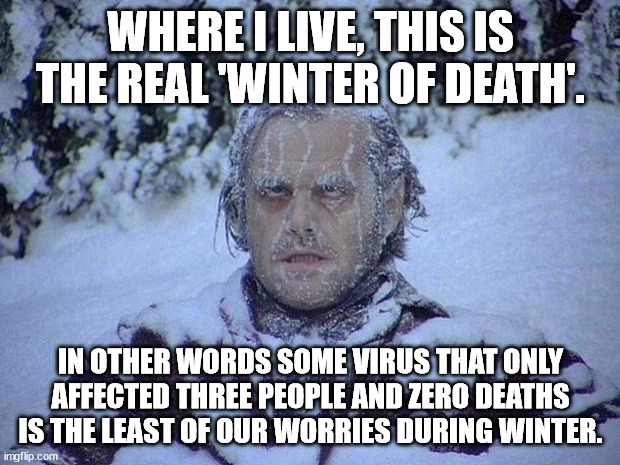 Jack Nicholson The Shining Snow Meme | WHERE I LIVE, THIS IS THE REAL 'WINTER OF DEATH'. IN OTHER WORDS SOME VIRUS THAT ONLY AFFECTED THREE PEOPLE AND ZERO DEATHS IS THE LEAST OF  | image tagged in memes,jack nicholson the shining snow | made w/ Imgflip meme maker