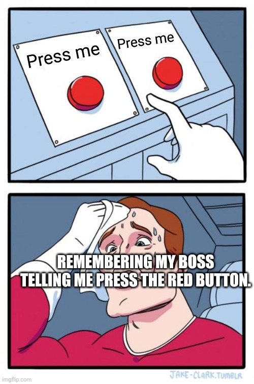 Two Buttons | Press me; Press me; REMEMBERING MY BOSS TELLING ME PRESS THE RED BUTTON. | image tagged in memes,two buttons | made w/ Imgflip meme maker