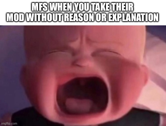 boss baby crying | MFS WHEN YOU TAKE THEIR MOD WITHOUT REASON OR EXPLANATION | image tagged in boss baby crying | made w/ Imgflip meme maker