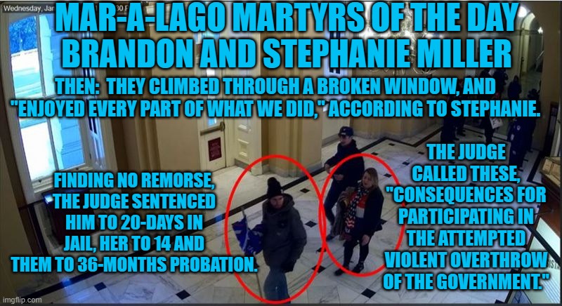 "They knew full well of the violence that had preceded their entry," the judge said. | MAR-A-LAGO MARTYRS OF THE DAY
BRANDON AND STEPHANIE MILLER; THEN:  THEY CLIMBED THROUGH A BROKEN WINDOW, AND "ENJOYED EVERY PART OF WHAT WE DID," ACCORDING TO STEPHANIE. THE JUDGE CALLED THESE, "CONSEQUENCES FOR PARTICIPATING IN THE ATTEMPTED VIOLENT OVERTHROW OF THE GOVERNMENT."; FINDING NO REMORSE, THE JUDGE SENTENCED HIM TO 20-DAYS IN JAIL, HER TO 14 AND THEM TO 36-MONTHS PROBATION. | image tagged in politics | made w/ Imgflip meme maker