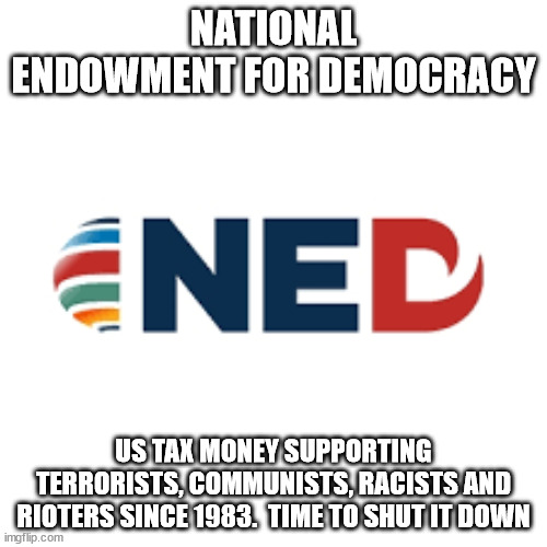 A program worth cutting fuding for | NATIONAL ENDOWMENT FOR DEMOCRACY; US TAX MONEY SUPPORTING TERRORISTS, COMMUNISTS, RACISTS AND RIOTERS SINCE 1983.  TIME TO SHUT IT DOWN | image tagged in national endowment for democracy,terrorism,ned,united states,communism | made w/ Imgflip meme maker