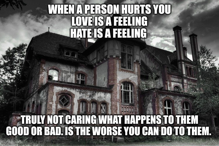 Hurt | WHEN A PERSON HURTS YOU
LOVE IS A FEELING
HATE IS A FEELING; TRULY NOT CARING WHAT HAPPENS TO THEM GOOD OR BAD. IS THE WORSE YOU CAN DO TO THEM. | image tagged in haunted | made w/ Imgflip meme maker