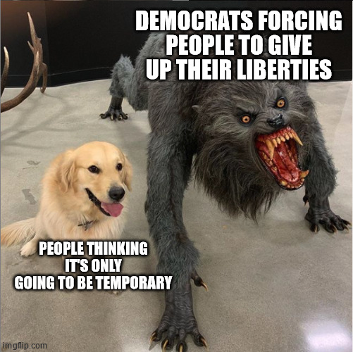 dog vs werewolf | DEMOCRATS FORCING PEOPLE TO GIVE UP THEIR LIBERTIES; PEOPLE THINKING IT'S ONLY GOING TO BE TEMPORARY | image tagged in dog vs werewolf | made w/ Imgflip meme maker