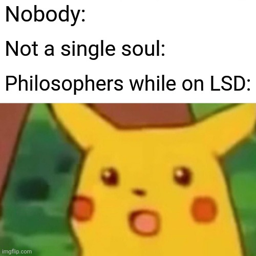 Philosophers On LSD Be Like: | Nobody:; Not a single soul:; Philosophers while on LSD: | image tagged in memes,surprised pikachu,lsd,philosopher | made w/ Imgflip meme maker