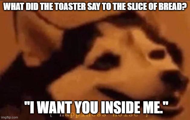 Happiness Noise | WHAT DID THE TOASTER SAY TO THE SLICE OF BREAD? "I WANT YOU INSIDE ME." | image tagged in happiness noise | made w/ Imgflip meme maker