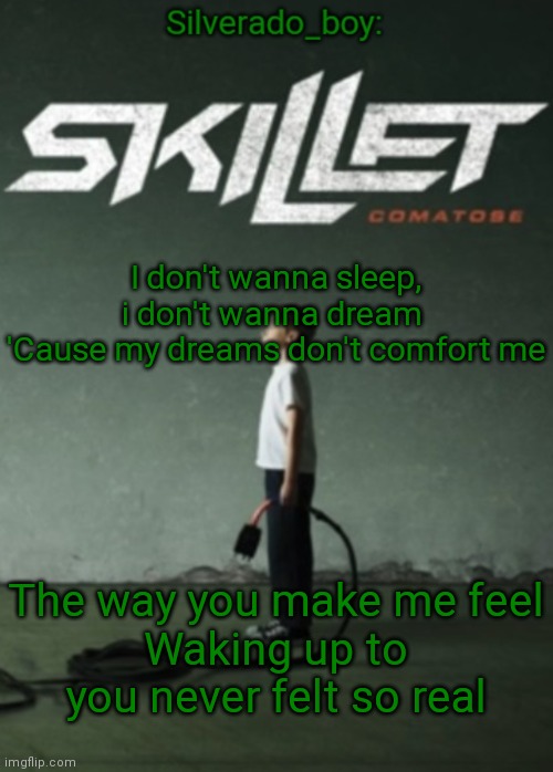 Guess the song *don't look at album* | I don't wanna sleep, i don't wanna dream 
'Cause my dreams don't comfort me; The way you make me feel
Waking up to you never felt so real | image tagged in silverado_boy's skillet temp | made w/ Imgflip meme maker