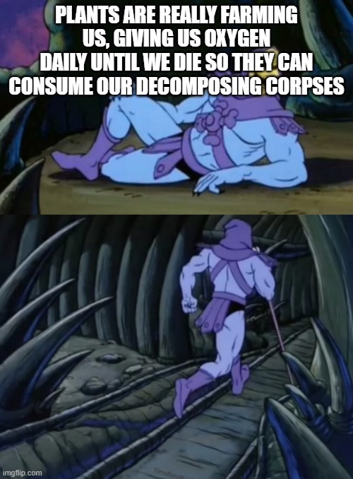 Disturbing Facts Skeletor | PLANTS ARE REALLY FARMING US, GIVING US OXYGEN DAILY UNTIL WE DIE SO THEY CAN CONSUME OUR DECOMPOSING CORPSES | image tagged in disturbing facts skeletor | made w/ Imgflip meme maker