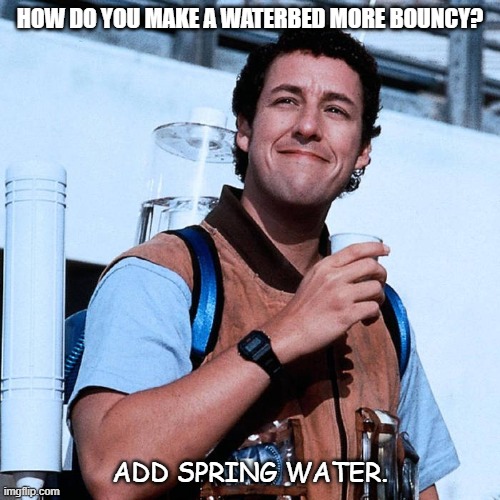 Daily Bad Dad Joke Dec 17 2021 | HOW DO YOU MAKE A WATERBED MORE BOUNCY? ADD SPRING WATER. | image tagged in waterboy | made w/ Imgflip meme maker