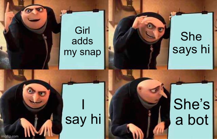 Gru's Plan | Girl adds my snap; She says hi; I say hi; She’s a bot | image tagged in memes,gru's plan | made w/ Imgflip meme maker