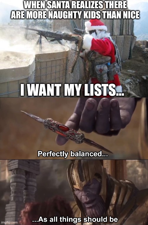 Santa wants his lists even | WHEN SANTA REALIZES THERE ARE MORE NAUGHTY KIDS THAN NICE; I WANT MY LISTS… | image tagged in memes,hohoho,thanos perfectly balanced as all things should be | made w/ Imgflip meme maker