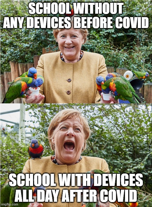 Merkel's Week | SCHOOL WITHOUT ANY DEVICES BEFORE COVID; SCHOOL WITH DEVICES ALL DAY AFTER COVID | image tagged in merkel's week | made w/ Imgflip meme maker