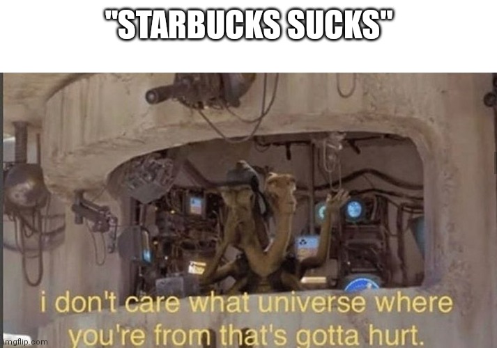 I don't care what universe where you're from that's gotta hurt | "STARBUCKS SUCKS" | image tagged in i don't care what universe where you're from that's gotta hurt | made w/ Imgflip meme maker