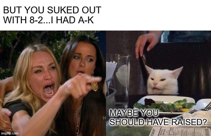 POKER CAT 2 | BUT YOU SUKED OUT WITH 8-2...I HAD A-K; MAYBE YOU SHOULD HAVE RAISED? | image tagged in memes,woman yelling at cat | made w/ Imgflip meme maker