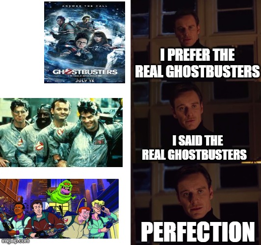 title goes here I guess | I PREFER THE REAL GHOSTBUSTERS; I SAID THE REAL GHOSTBUSTERS; PERFECTION | image tagged in perfection,memes | made w/ Imgflip meme maker