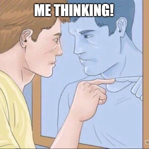 I SEE THREW YOU | ME THINKING! | image tagged in pointing mirror guy | made w/ Imgflip meme maker