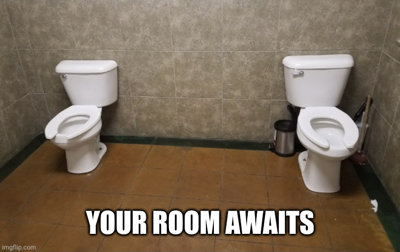 Two Toilets: | YOUR ROOM AWAITS | image tagged in two toilets | made w/ Imgflip meme maker
